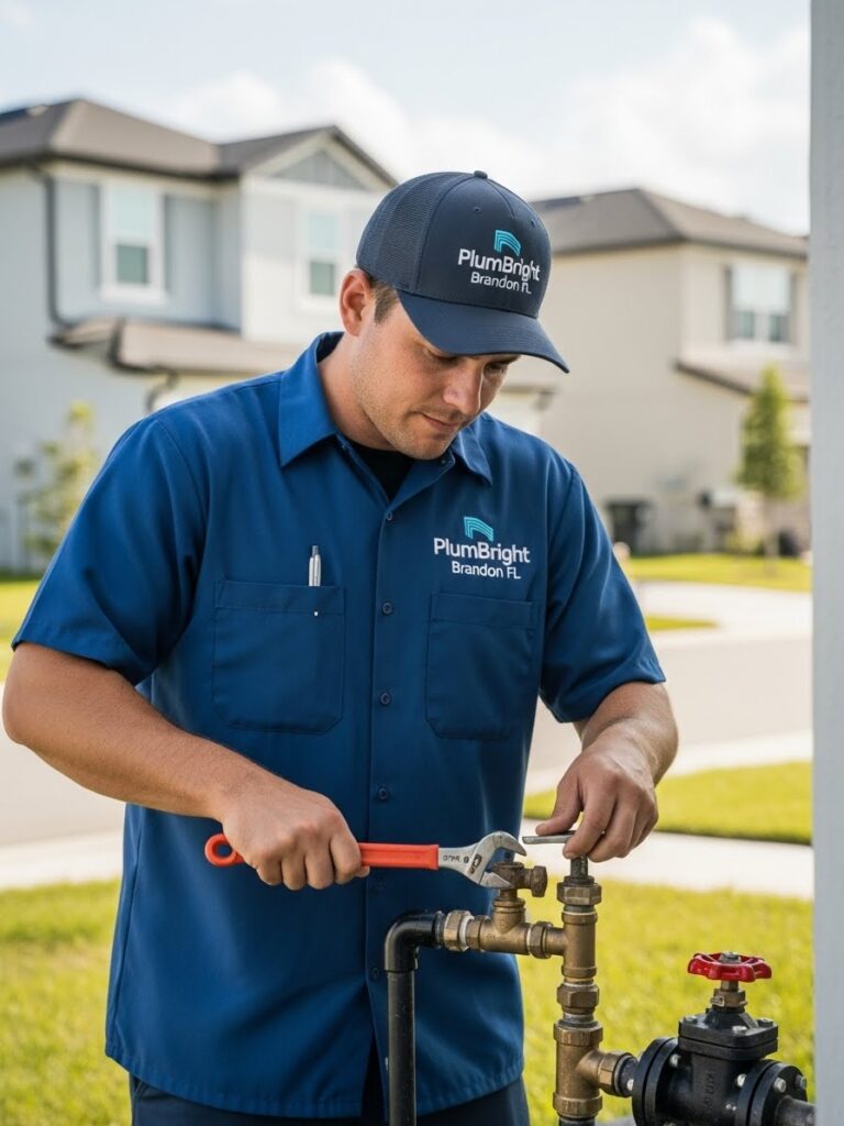 “A professional plumber wearing a PlumBright Brandon FL uniform and cap repairs an outdoor water valve in front of a modern suburban Florida home, using tools with focused attention.”