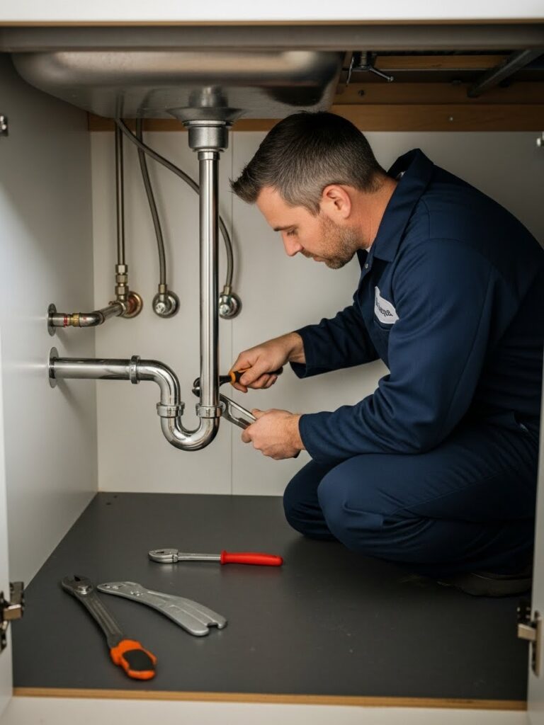 “A realistic indoor photo of a professional plumber in a navy uniform kneeling under a kitchen sink, repairing stainless-steel pipes with metal tools in natural daylight. The scene looks authentic with real textures, shadows, and details, including a subtle mention of PlumbRight Brandon FL.”