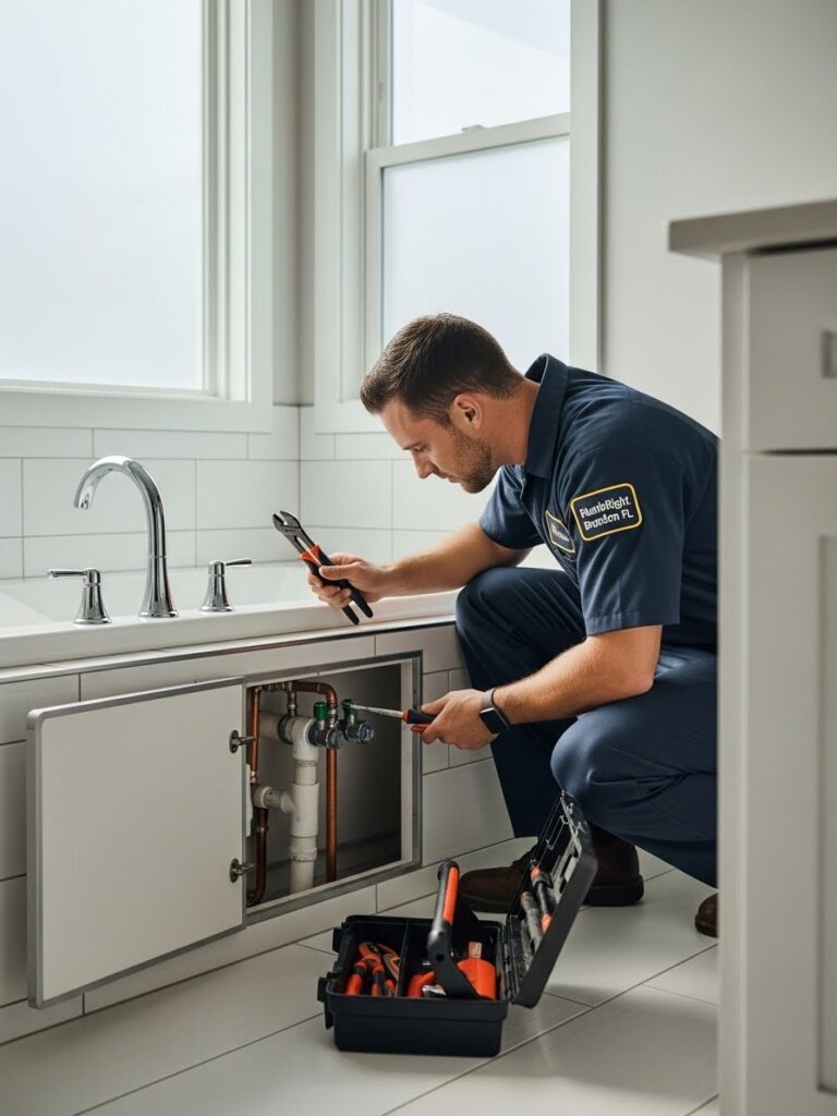 “A professional plumber in a navy uniform repairing pipes behind a bathtub access panel in a modern bathroom. Natural daylight, realistic shadows, chrome fixtures, white tiles, and a small toolbox on the floor. Scene shows lifelike details with the business name PlumbRight Brandon FL on the uniform patch.”
