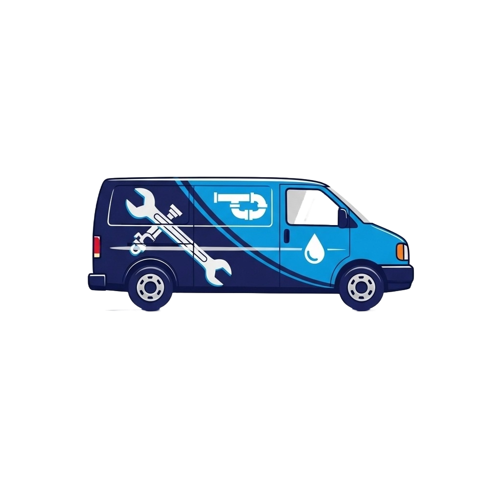 http://Blue%20plumbing%20service%20van%20illustration%20with%20wrench%20and%20pipe%20icons%20on%20the%20side,%20water%20drop%20symbol,%20and%20modern%20professional%20design%20on%20a%20black%20background.
