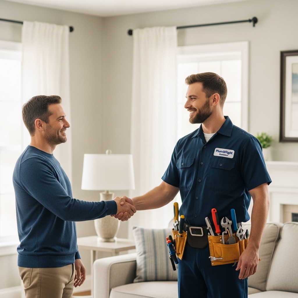 “Homeowner smiling and shaking hands with a professional plumber from PlumbRight Brandon in a bright living room, showing trust and satisfaction after a completed plumbing service.”