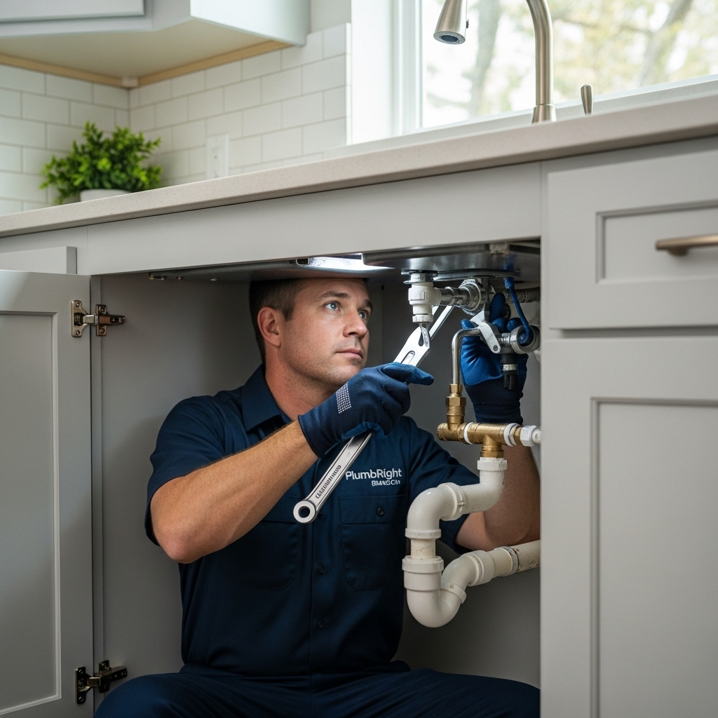 “Licensed and insured plumber from PlumbRight Brandon performing a professional kitchen plumbing repair under a modern sink in a real Florida home.”