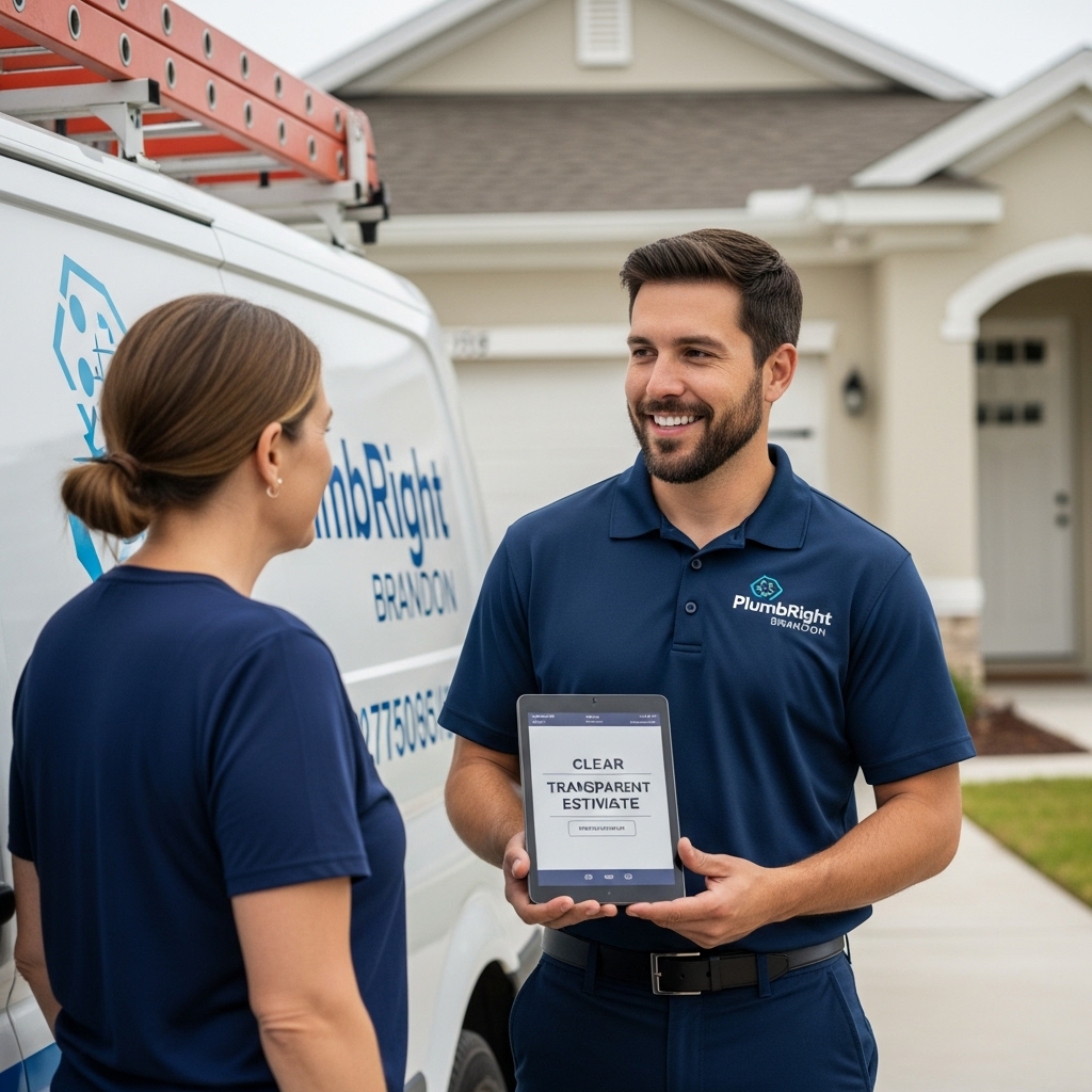 “Plumber from PlumbRight Brandon showing a clear service estimate to a homeowner outside a Florida home, representing fast same-day help and fair, transparent pricing.”