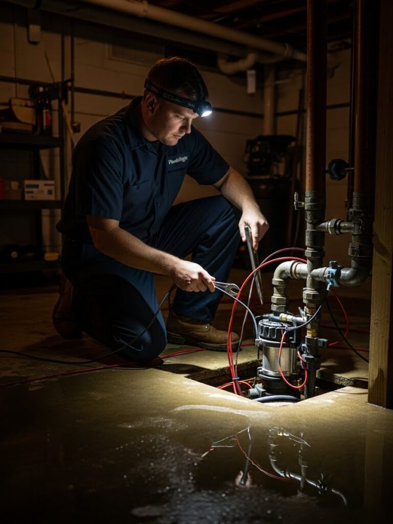 A licensed emergency plumber from PlumbRight Brandon kneels in a dimly lit basement at night, inspecting and repairing a sump pump surrounded by minor floor flooding. A headlamp lights the pump area while real tools and wet concrete textures are clearly visible.