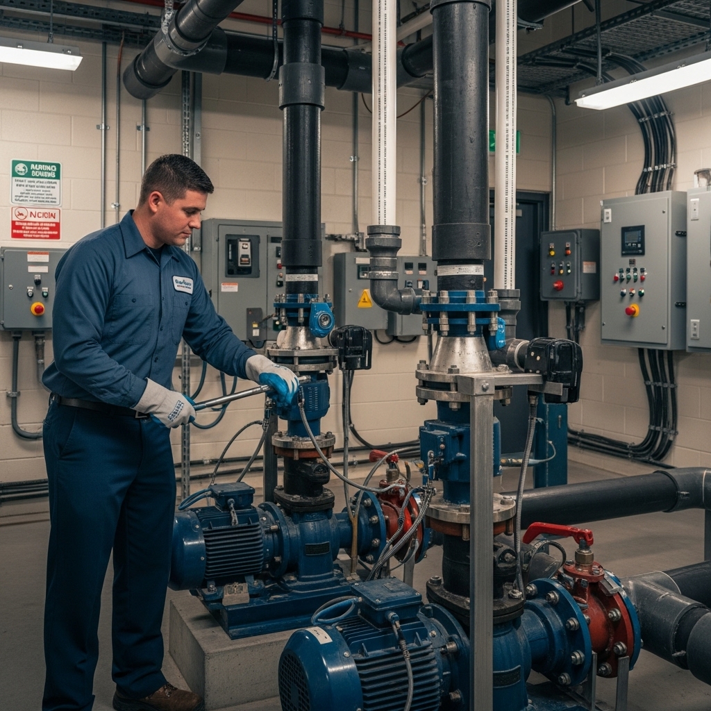 A commercial plumber from PlumbRight Brandon inspects a large industrial sump pump system in a well-lit maintenance room, surrounded by heavy-duty pumps, thick drainage pipes, and control panels while using metal tools to check connections.