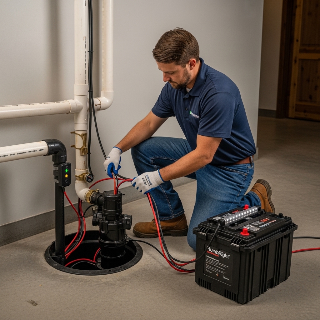 A plumber from PlumbRight Brandon installs a battery backup unit beside a sump pump in a clean basement, connecting cables to the system with tools and equipment visible on the floor.