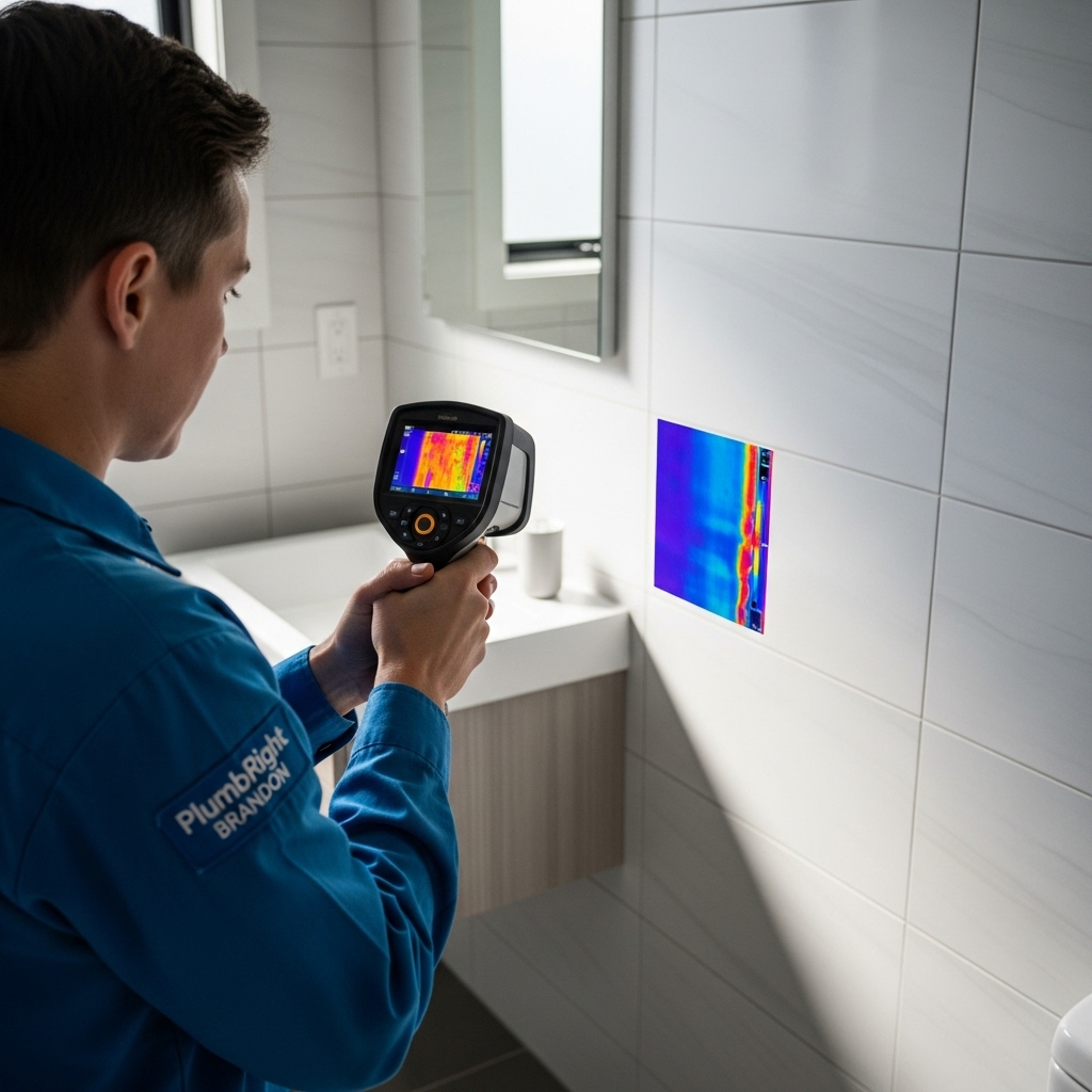 A licensed plumber from PlumbRight Brandon uses a thermal imaging camera to scan a modern bathroom wall for hidden leaks. The heat-map screen displays cool, damp areas while natural indoor lighting highlights the tiled walls and clean surroundings. The scene looks realistic with clear textures, shadows, and DSLR-level detail.