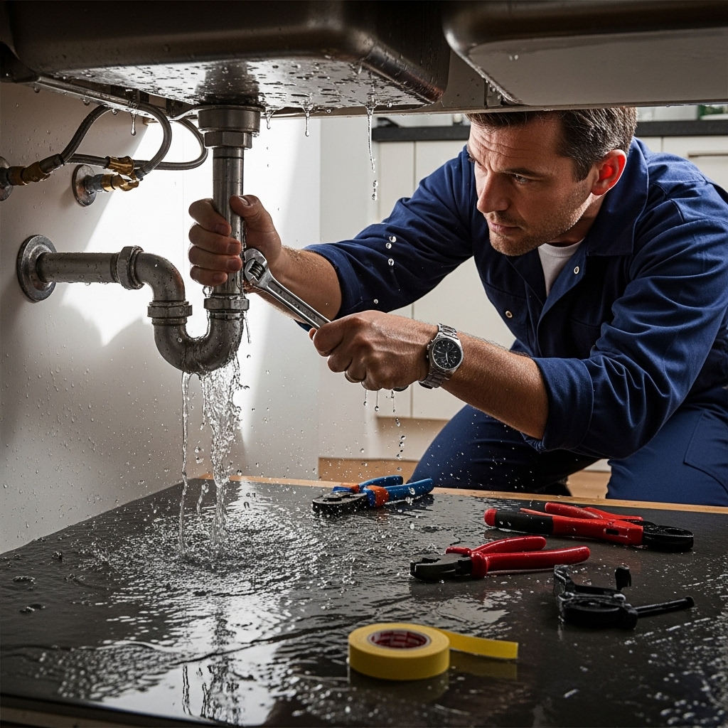 A professional plumber in a navy uniform kneels under a kitchen sink, repairing a burst pipe as water leaks around the fittings. Stainless steel pipes, wet surfaces, and real water splashes are visible. Natural lighting and a shallow depth of field create a realistic, detailed scene with tools scattered on the floor.