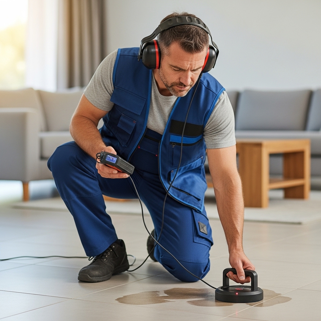 A plumber wearing acoustic leak detection headphones uses a ground sensor on a tiled floor with subtle signs of moisture. The equipment appears modern and realistic, and the plumber maintains a focused, calm expression. The clean home interior is softly blurred in the background, with the tools in sharp, crisp focus.