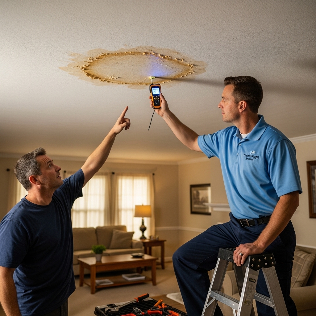 A homeowner points to a wet stain on the ceiling while a licensed plumber from PlumbRight Brandon checks the area with a moisture meter. The room has warm natural lighting, and the ceiling shows light water damage with realistic drywall texture. The scene appears clean and natural with no text, just professional tools and a home environment.