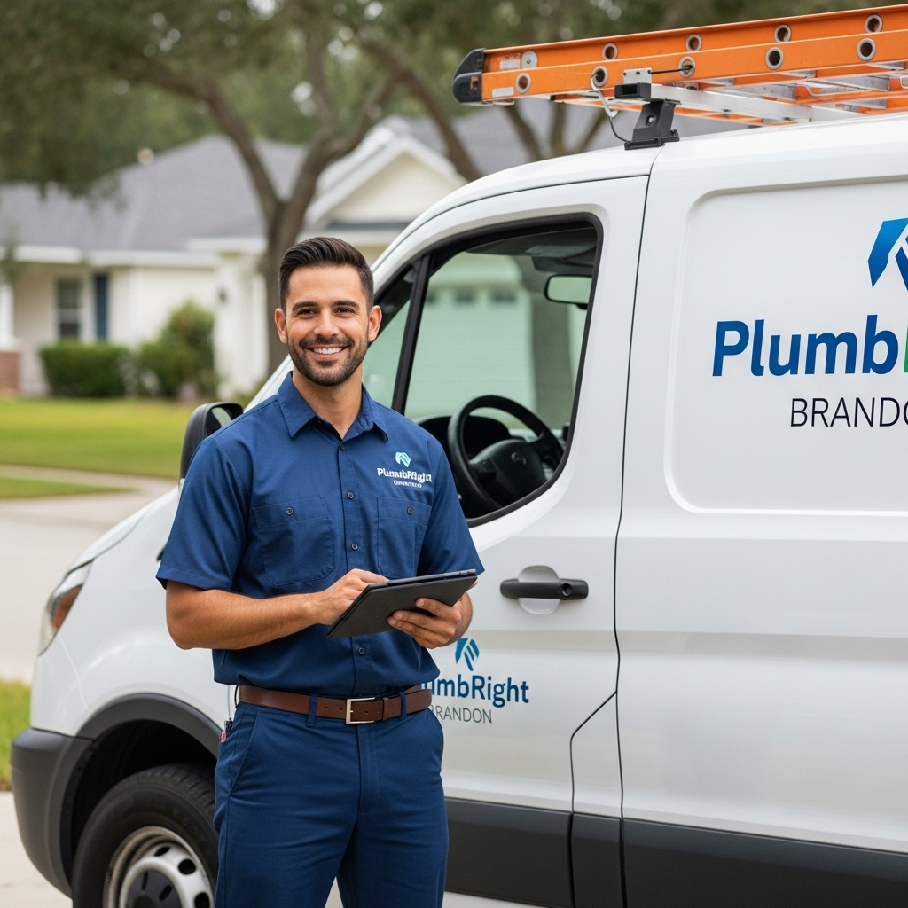 A friendly PlumbRight Brandon plumber stands beside a clean white service van, holding a tablet and ready to help. The scene shows a bright, welcoming neighborhood in Brandon FL, highlighting fast and reliable plumbing service.