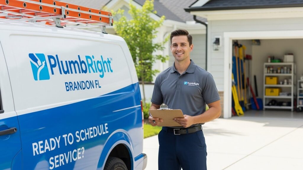 PlumbRight Brandon FL technician standing beside a branded service van, holding a clipboard and smiling, ready to assist customers with plumbing services.
