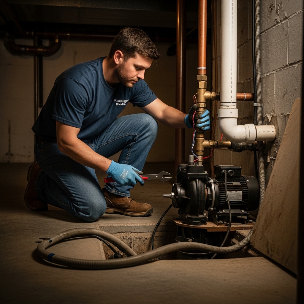 A licensed plumber from PlumbRight Brandon kneels beside an open basement sump pit, inspecting and repairing the sump pump with metal tools under soft, natural basement lighting.