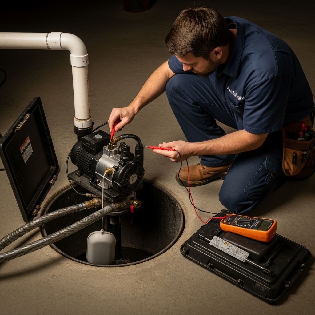 A plumber from PlumbRight Brandon performs a maintenance inspection on a basement sump pump, checking the float switch and wiring with tools under soft, natural lighting.