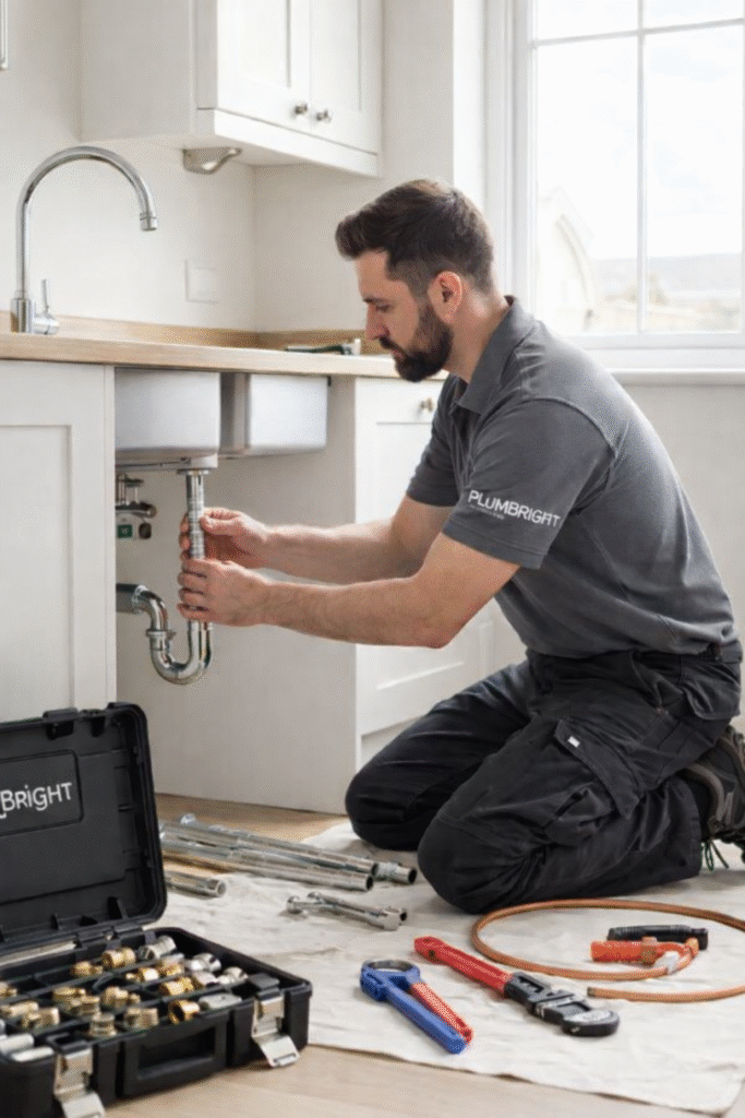 A professional plumber from PlumBright wearing a gray uniform kneels under a modern kitchen sink, carefully installing a P-trap pipe. Natural daylight streams through a window, highlighting realistic clothing folds, proper plumbing setup, and neatly arranged tools on a protective cloth in a clean residential kitchen.