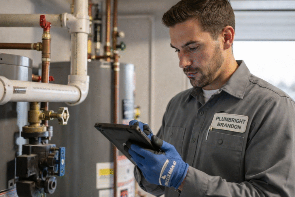 A professional plumber from PlumbRight Brandon wearing a gray uniform and blue work gloves inspects a water heater system using a tablet in a residential utility room, with visible copper and PVC pipes, valves, and clean indoor lighting in Brandon, Florida.