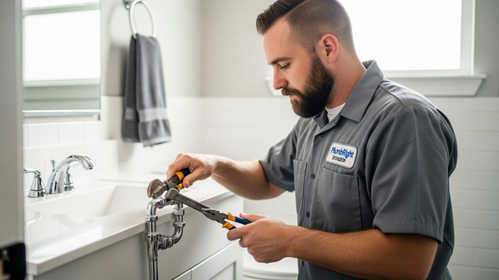 Licensed bathroom plumber from PlumbRight Brandon FL repairing a sink pipe in a modern bathroom, wearing a grey uniform with company logo, using professional plumbing tools in a clean residential home in Brandon, Florida.