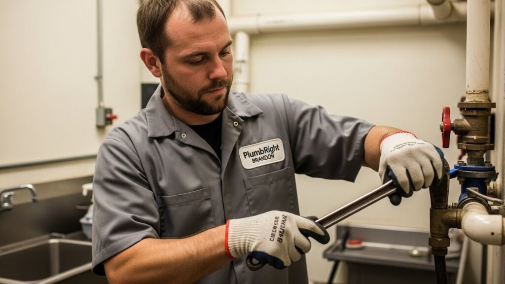 Commercial plumber from PlumbRight Brandon FL repairing exposed pipes in a commercial building, wearing a grey work uniform with company logo, using professional tools in a real business property in Brandon, Florida.