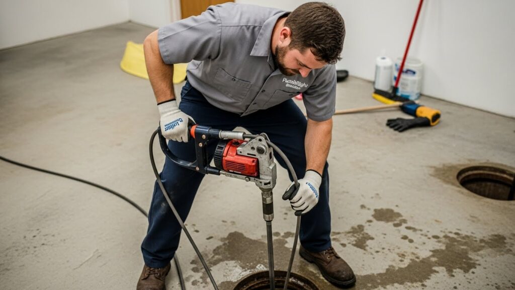 A real-life documentary style FULL-BODY photograph of a licensed plumber actively performing drain cleaning or sewer line service at a residential or small commercial property in Brandon, Florida. The plumber is in full action, bending slightly or standing naturally while operating a real drain snake or sewer auger machine. Hands and fingers are gripping tools naturally, showing pressure and motion. FULL FACE visible, focused on the task, expression natural (concentrating, not smiling at camera). Wearing a plain grey work uniform with only one small embroidered “PlumbRight Brandon” logo on the shirt, work boots clearly visible. Human details realistic: skin texture, slight imperfections, natural beard/stubble, realistic hairline, slight movement visible in posture. Environment shows real drain work conditions: concrete floor or utility area, exposed cleanout pipe, minor water marks, realistic clutter, slightly worn tools. Lighting is natural daylight or flat indoor lighting, evenly illuminating plumber and workspace. Shot at eye-level with DSLR, 35mm lens, natural depth of field, neutral tones. No staged pose, no text overlay, no extra logos, no AI artifacts, no marketing style. Must look like a real plumber caught in the middle of their work, 100% authentic, professional website-ready photo for Brandon, FL.