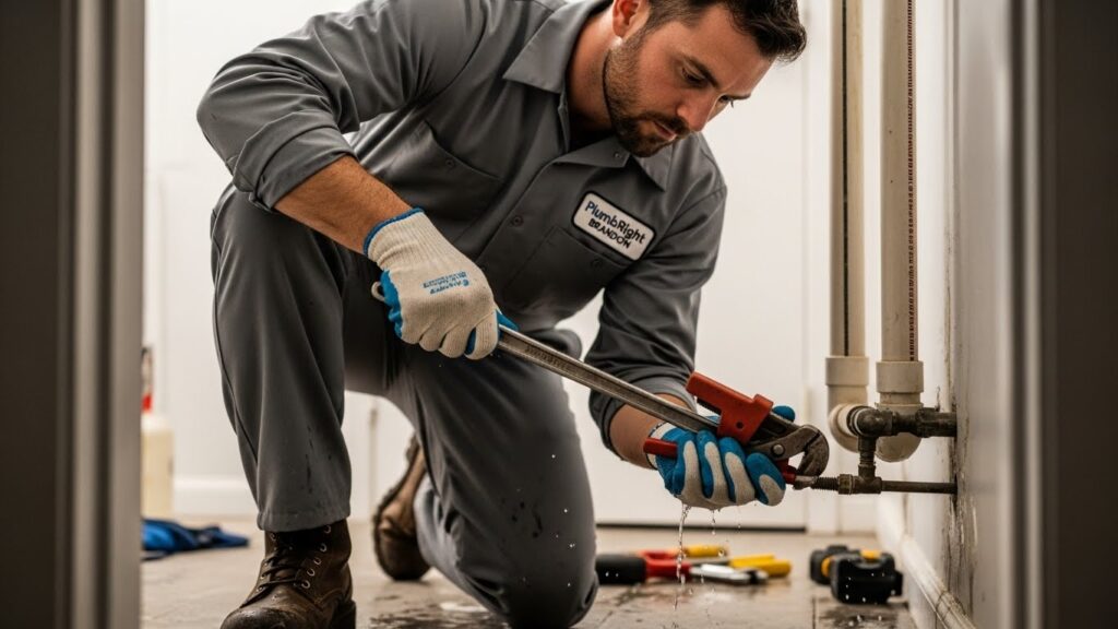 Licensed plumber from PlumbRight Brandon FL actively repairing a burst pipe in a residential or small commercial building in Brandon, Florida, full body and full face visible, wearing a grey uniform with company logo, using real plumbing tools in a natural emergency work setting.