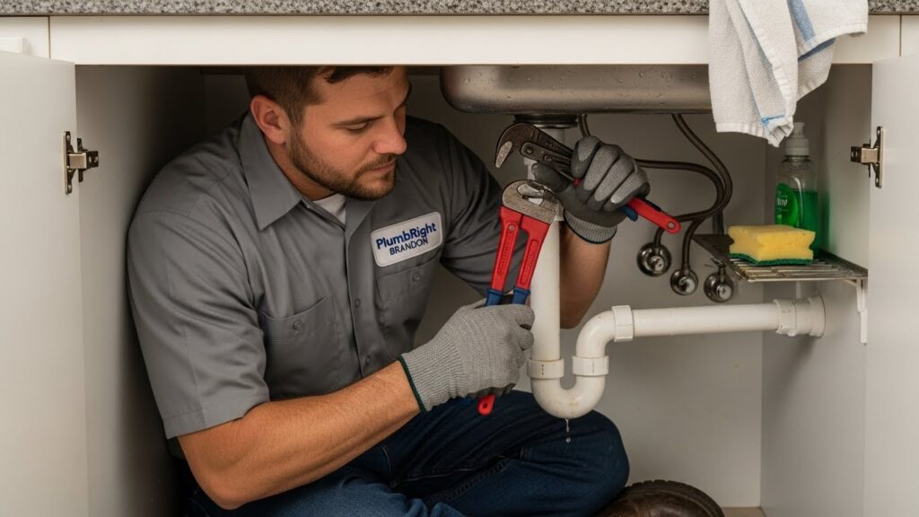 Licensed plumber from PlumbRight Brandon FL actively repairing pipes under a kitchen sink in a fully visible residential kitchen in Brandon, Florida, full body and full face visible, wearing a grey work uniform with company logo on the chest, using real plumbing tools in a natural work environment.