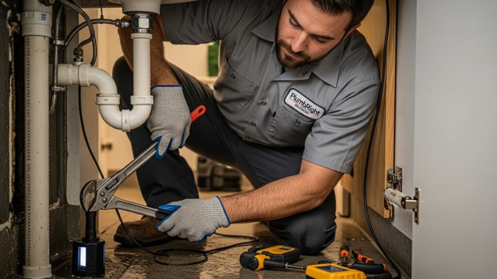 Licensed plumber from PlumbRight Brandon FL actively performing leak detection and plumbing repair in a residential or small commercial property in Brandon, Florida, full body and full face visible, wearing a grey work uniform with company logo on the chest, using real plumbing tools in a natural work environment with exposed pipes and minor water puddles.