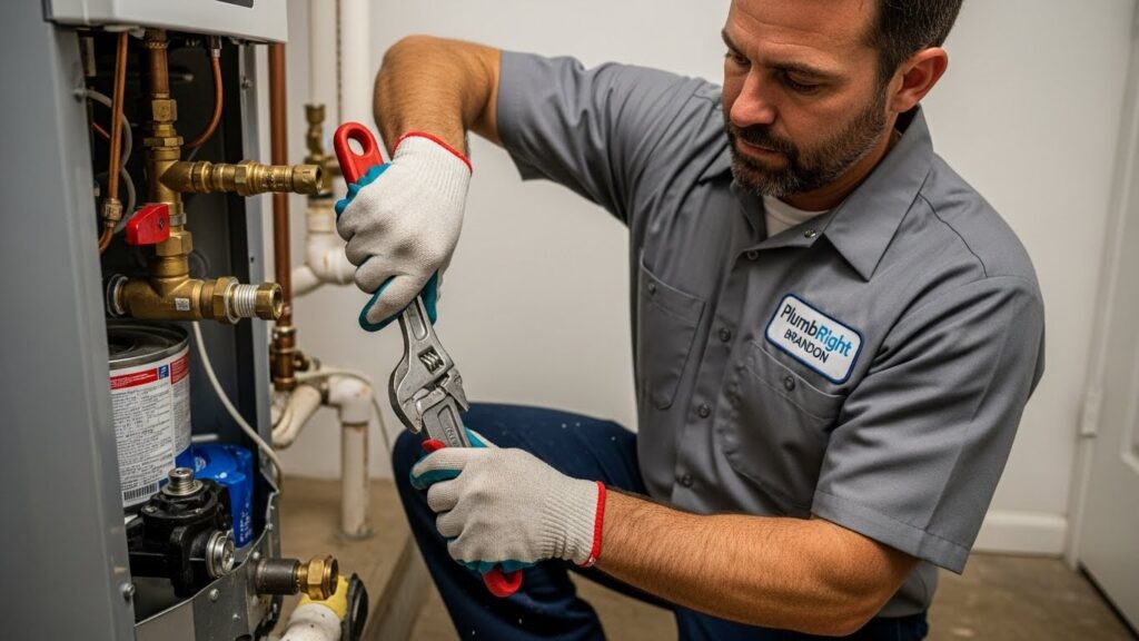 Licensed plumber from PlumbRight Brandon FL actively installing or repairing a water heater in a fully visible residential utility room in Brandon, Florida, full body and full face fully visible, wearing a grey work uniform with company logo on the chest, using real plumbing tools in a natural work environment, landscape orientation.