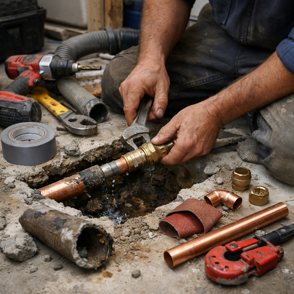 Technician repairing a plumbing leak inside a home floor in Brandon.