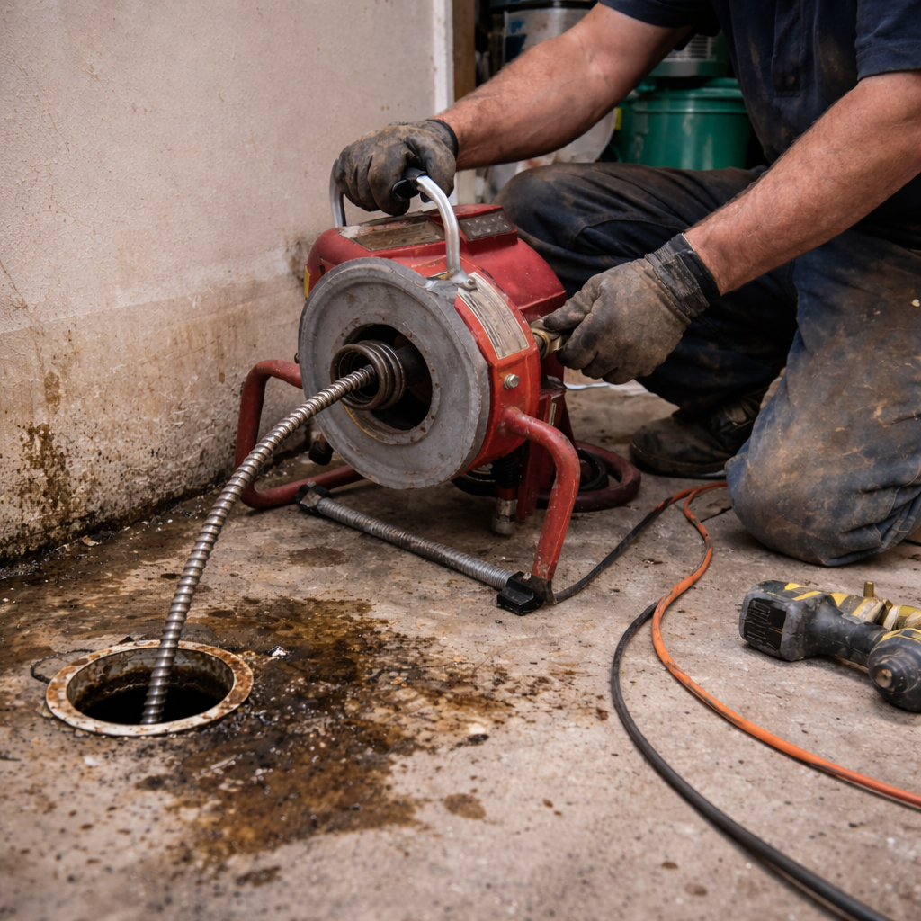 Drain cleaning equipment clearing a clogged line at a residential property