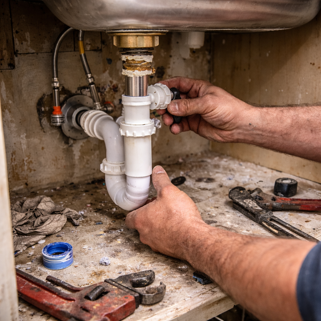 Installing new plumbing connections under a kitchen sink during a remodel