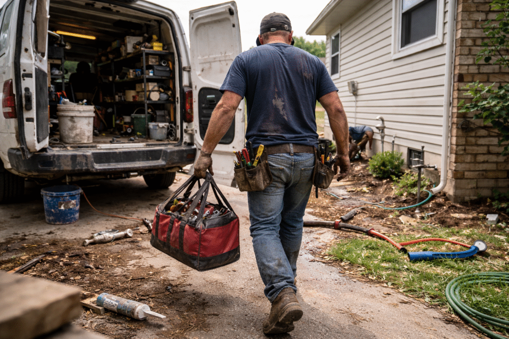 Local plumber preparing tools for service at a home in Brandon