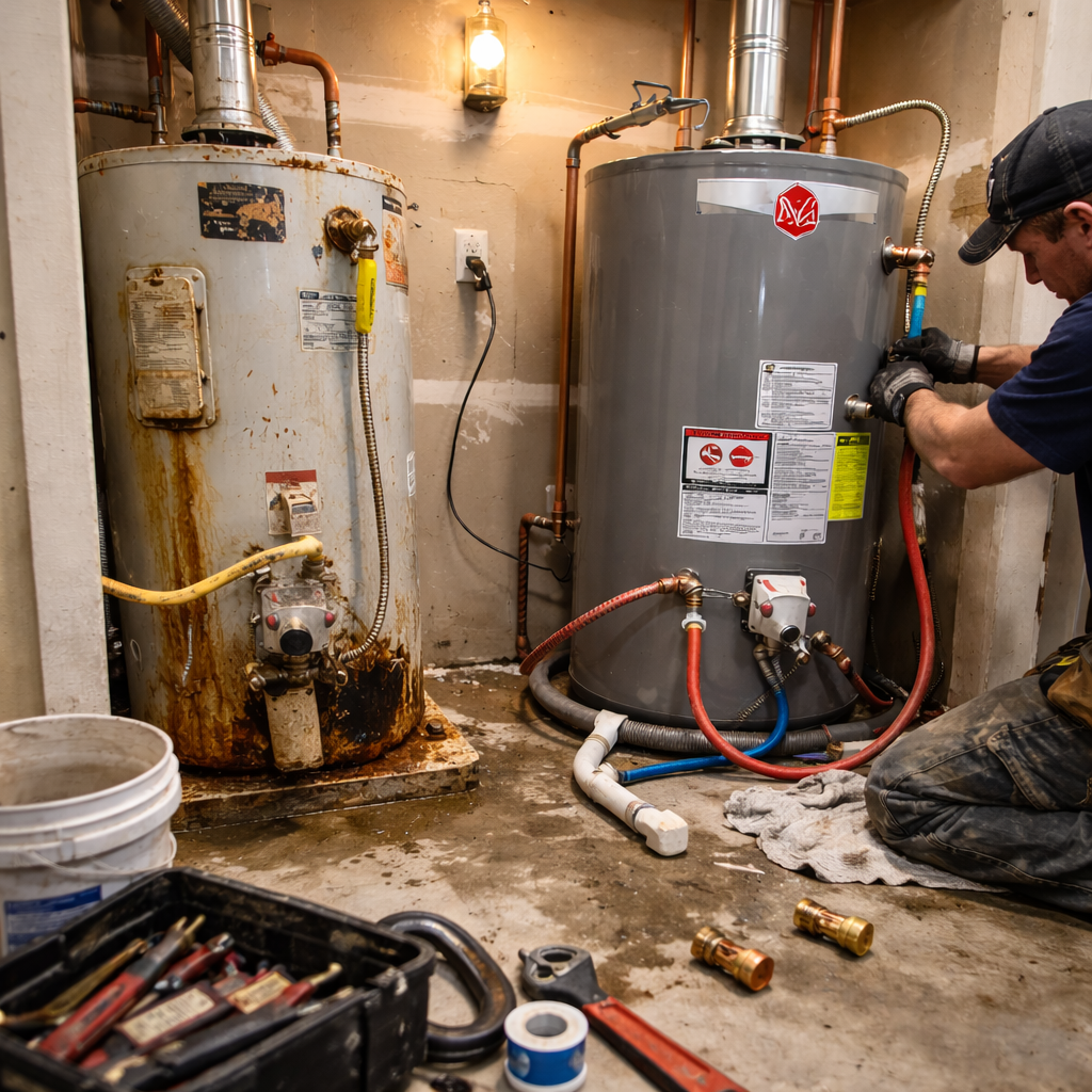 New water heater installation replacing an older unit in a Brandon home