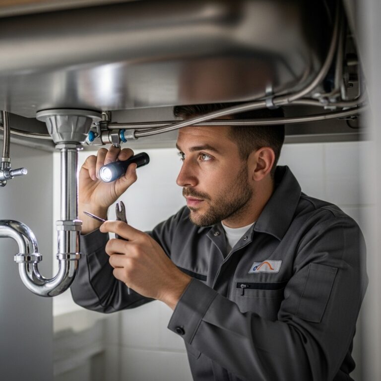 “Plumber inspecting pipes under sink during routine plumbing maintenance”