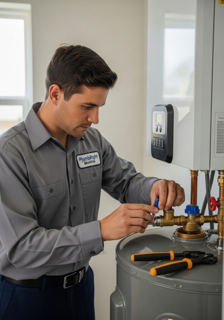 “Ultra-realistic professional plumber repairing a residential water heater in a clean utility room, wearing a neat grey uniform with a visible ‘PlumbRight Brandon’ logo on chest, focused on adjusting valves and checking connections, modern water heater tank clearly visible, tools placed neatly nearby, natural lighting, realistic human look, no AI or cartoon feel, clean and organized environment, representing fast repair and reliable service, slight background blur, composition with space at top for text overlay, commercial photography style, 4k ultra HD”