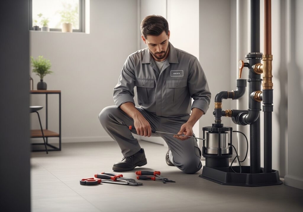 “Professional plumber in grey uniform fixing sump pump system to prevent water damage in a modern home”