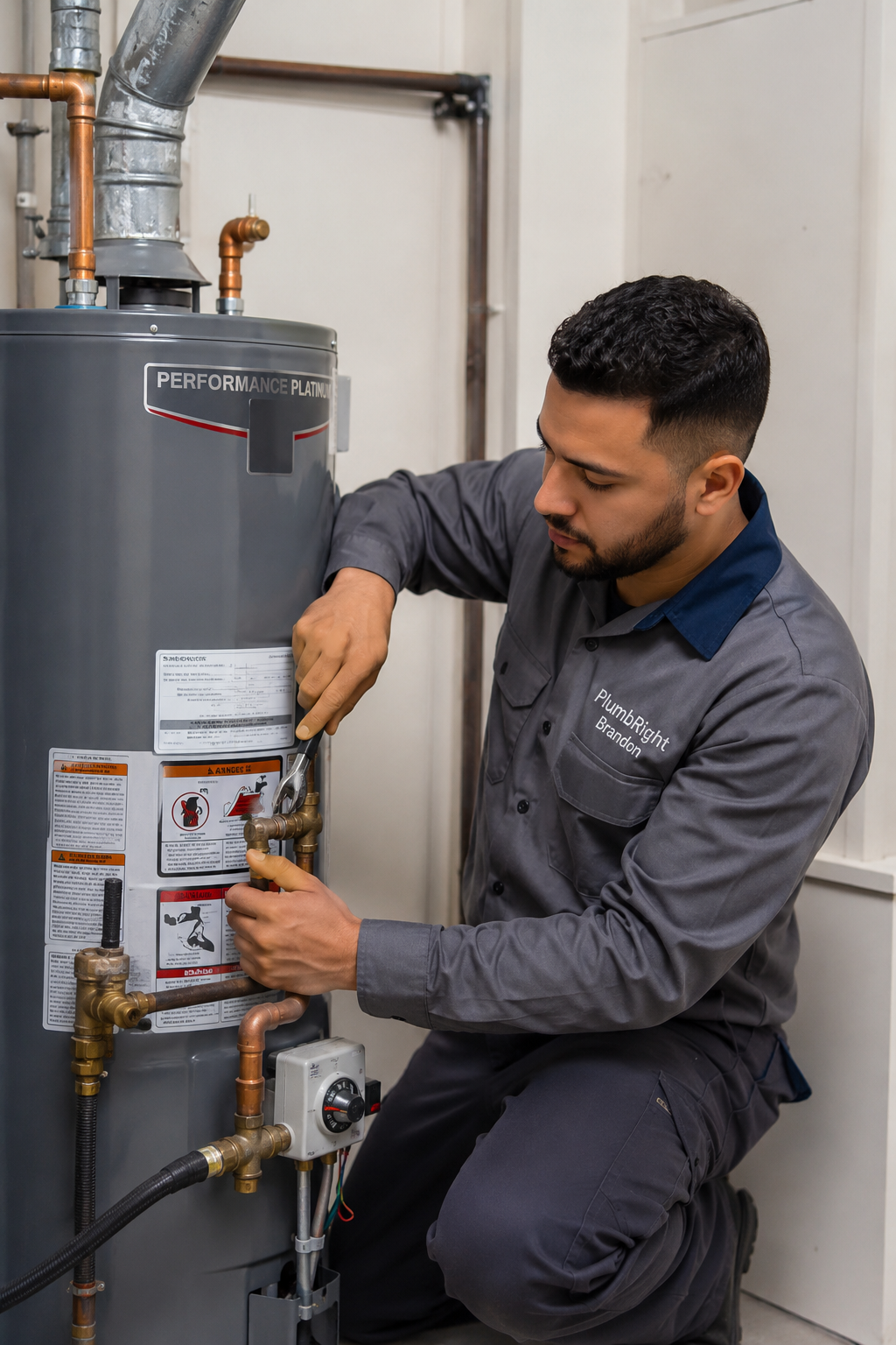 Licensed Brandon FL plumber installing and testing a water heater