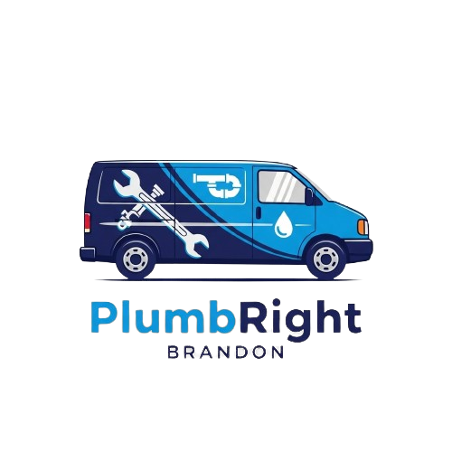 PlumbRight Brandon logo featuring a blue plumbing service van with wrench, pipe, and water drop icons above the brand name.