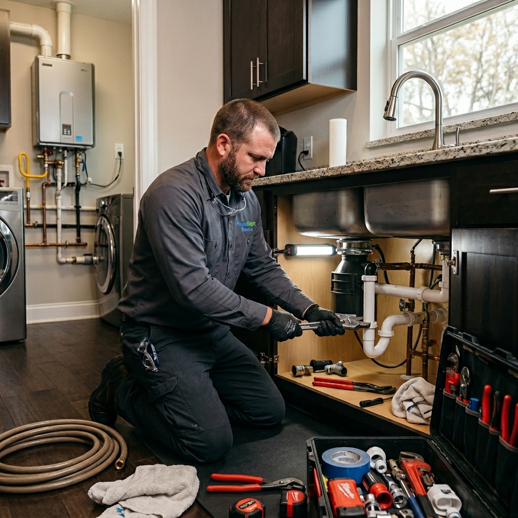 Professional plumber repairing kitchen plumbing and pipes inside a modern Brandon FL home while providing emergency plumbing and drain repair services.