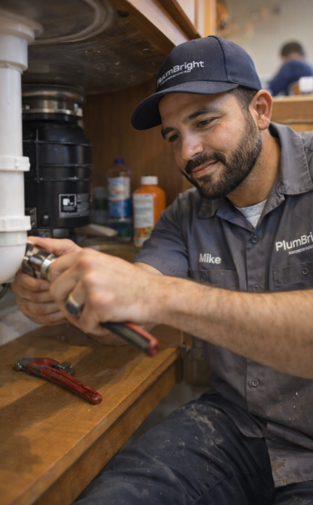 Professional plumber in grey uniform repairing under-sink pipes with tools inside a home kitchen cabinet.