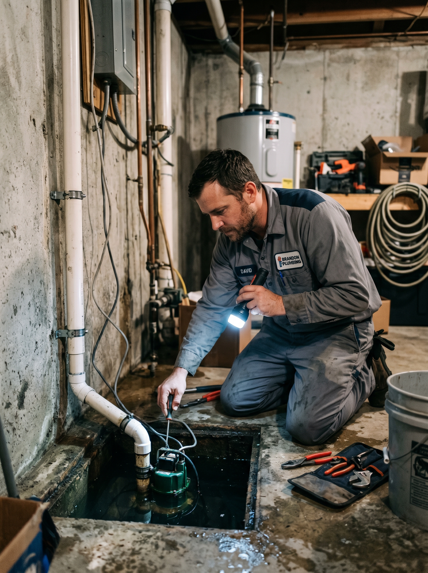 PlumbRight Brandon plumber installing sump pump system in Brandon FL home