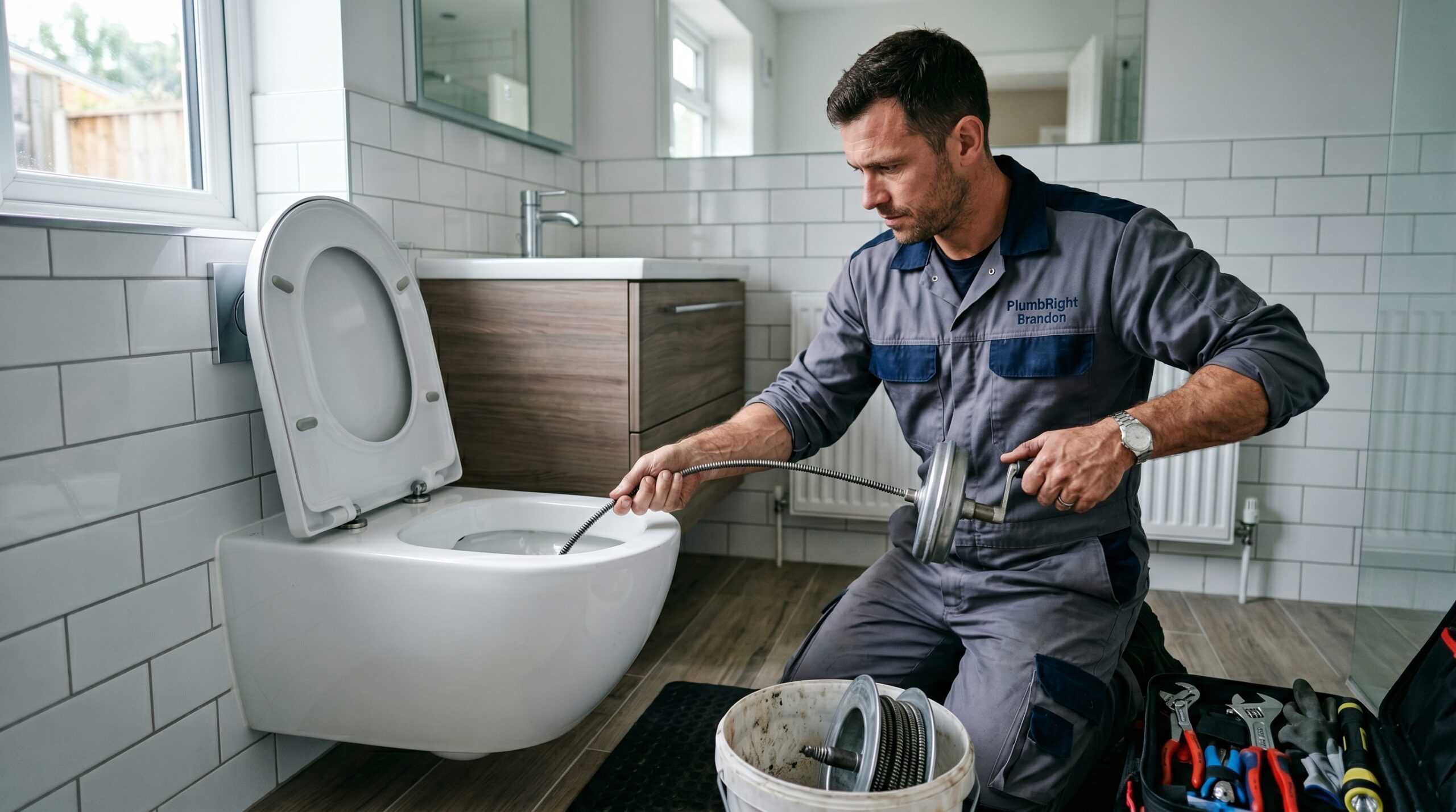 Licensed emergency plumber clearing clogged drain backup in Brandon FL