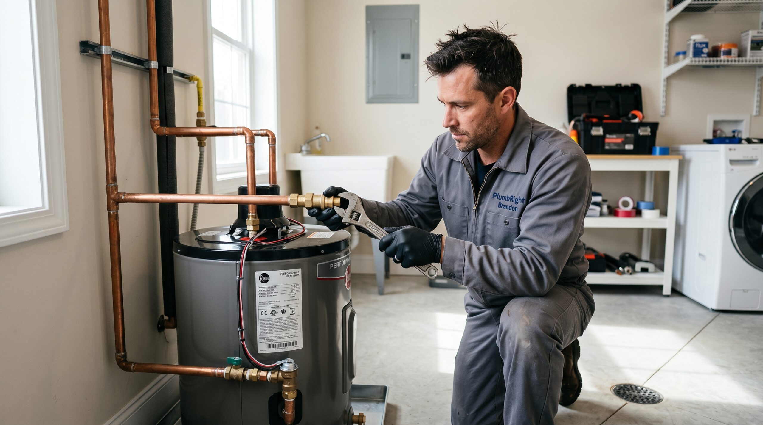 Professional plumber checking a home water heater for repair in Brandon FL