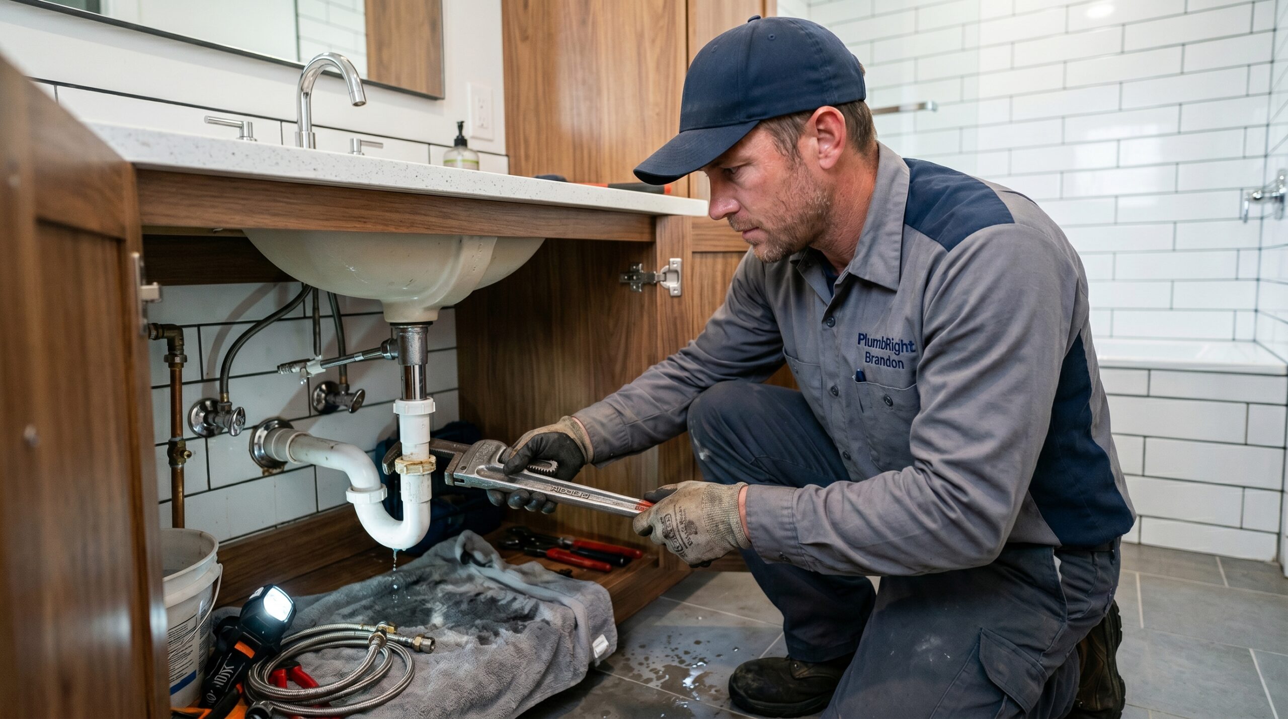 PlumbRight Brandon plumber repairing bathroom plumbing in Brandon FL home