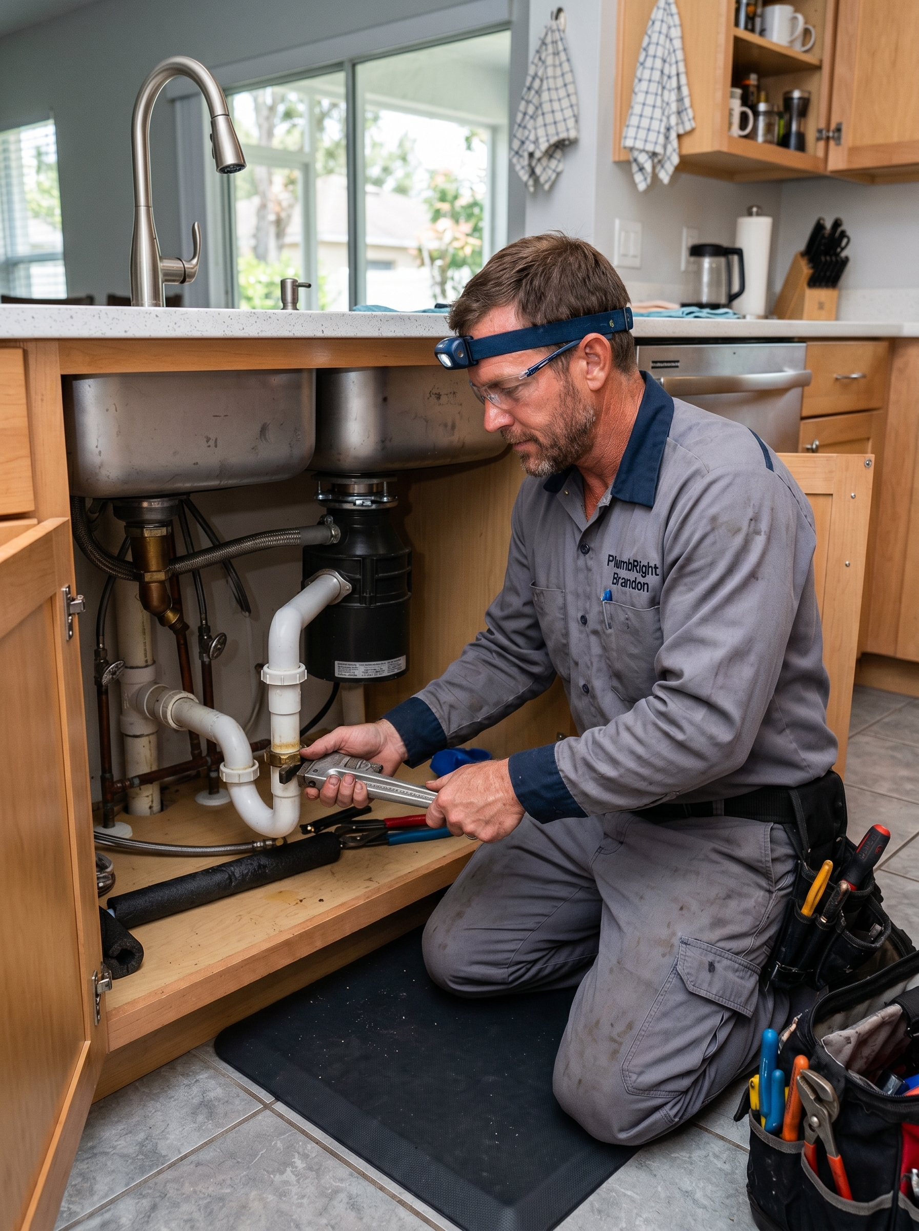 PlumbRight Brandon plumber repairing kitchen plumbing in Brandon FL home