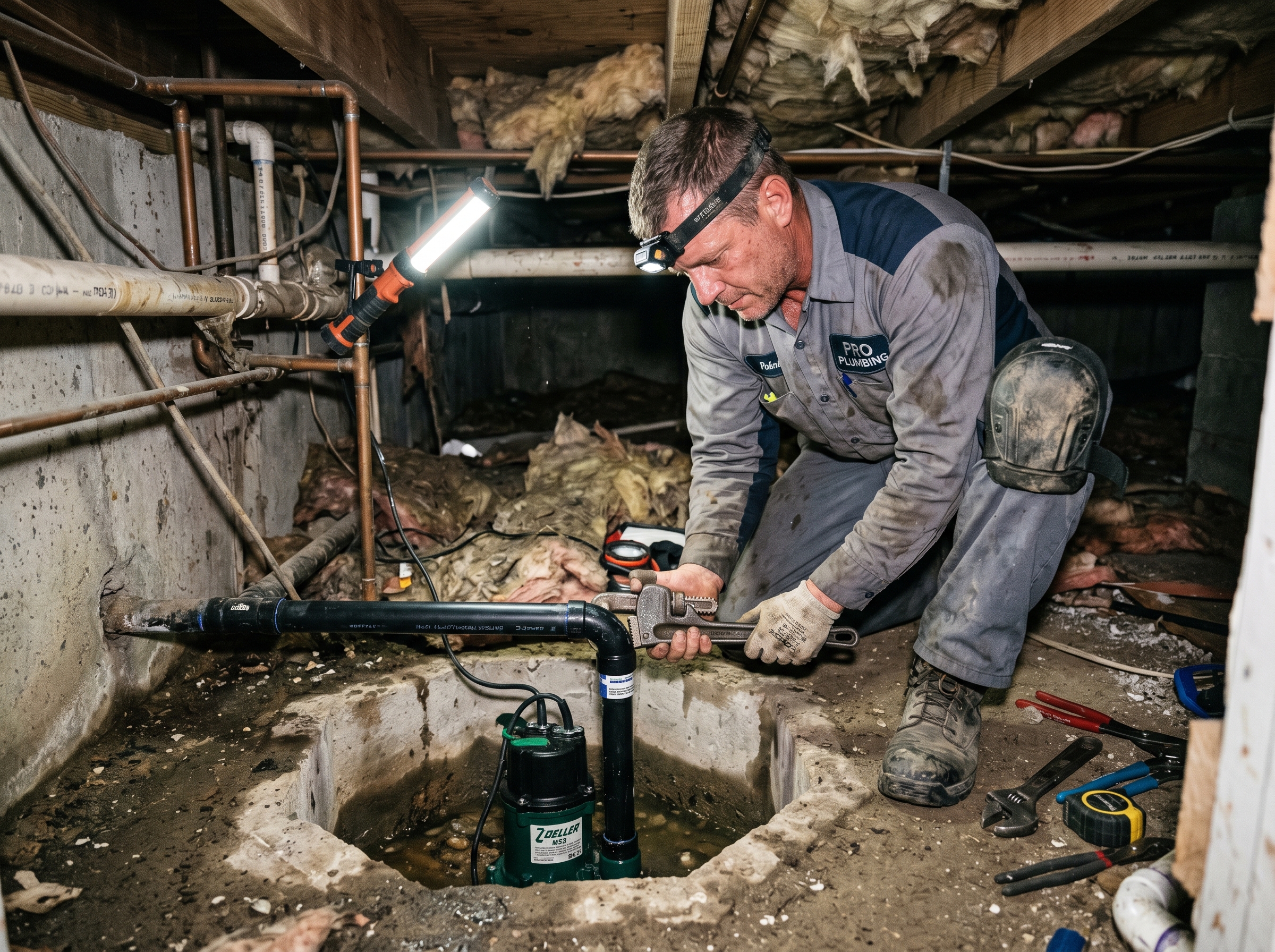 Licensed plumber installing sump pump system in Brandon FL basement